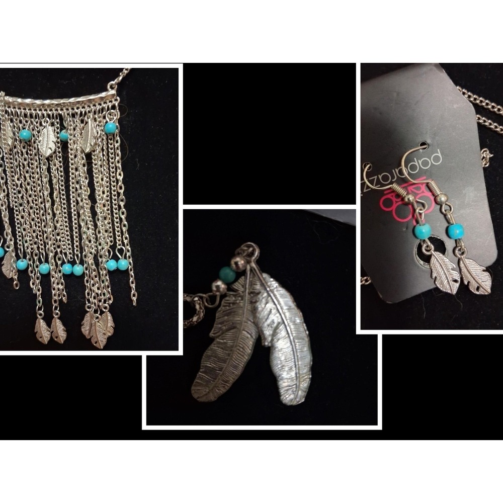 Jewelry Lot Western Faux Turquoise Fringe Necklace Earrings Feather Pendant